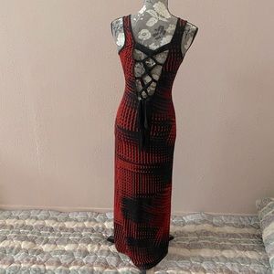 Ankle length tight fitting sexy dress with lattice lace back detail